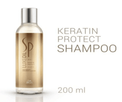 Keratin Protect shampoo bottle, SP Luxeoil, 200 ml, clear gold bottle with cap