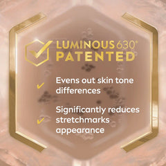 Anti-stretch marks body oil-serum front label with gold 'Luminous 630 Patented' badge