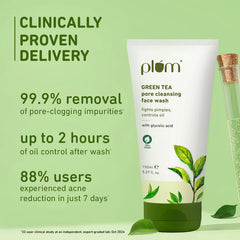 plôm green tea pore cleansing face wash tube with green base and leaf accents
