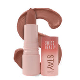 Swiss Beauty liquid lipstick and color swatch, nude brown matte finish