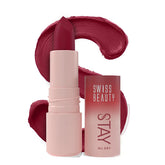 Swiss Beauty Stay All Day liquid lipstick, 04 Fancy deep berry swatch and tube