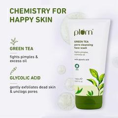 plôm green tea pore cleansing face wash tube with green base and leaf graphics