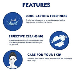 Shower gel features infographic panel with icons for long-lasting freshness