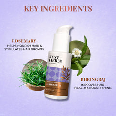 Hair serum bottle with rosemary and bhringraj ingredient graphics