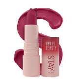 Matte lipstick in mauve-pink shade with open bullet and swatch on lipstick tube