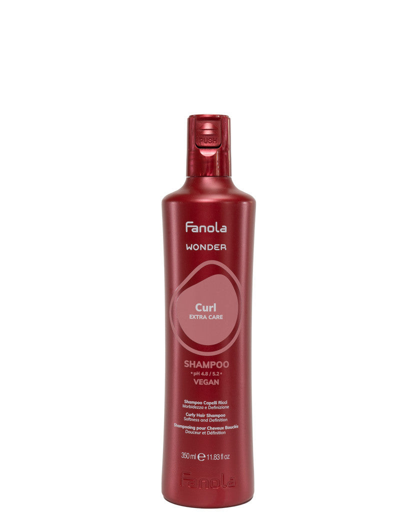Fanola Wonder Curl shampoo bottle, red plastic with cap and Curl extra care label