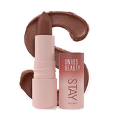Swiss Beauty Stay All Day liquid lipstick in 07 Sassy, with brown lip swatch
