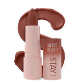 Liquid lipstick in brownish-rose shade, open tube and cap