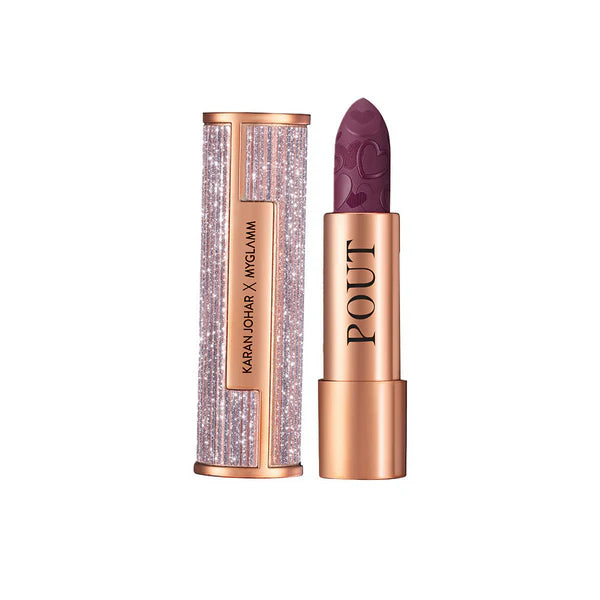 Purple matte plumping lipstick with rose-gold tube and glittering cylindrical case