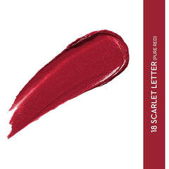 Longwear lipstick swatch in vivid red with side label panel.