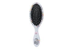 Kids detangling hair brush with oval black bristle head and white rainbow handle