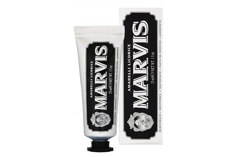 Marvis licorice mint toothpaste tube and box with black-and-white branding
