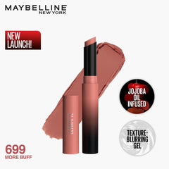 Nude matte lipstick with large swatch, black tube and pink cap, Maybelline New York