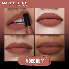 Matte nude pink lipstick on lips, close-up full-color coverage