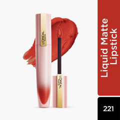 Liquid lipstick tube with wand and red lipstick smear