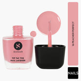 Peacher Perfect nail lacquer with brush applicator in pink bottle and glossy swatch
