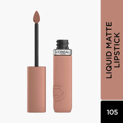 Matte liquid lipstick set with black wand applicator and nude rose bottle, L'Oreal Paris