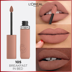 Nude rose liquid lipstick bottle and wand with lips applying the matte shade
