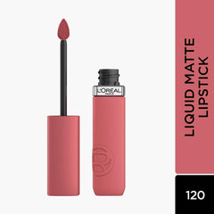 Rose-pink liquid matte lipstick with tube and open cap, plus pointed applicator tip