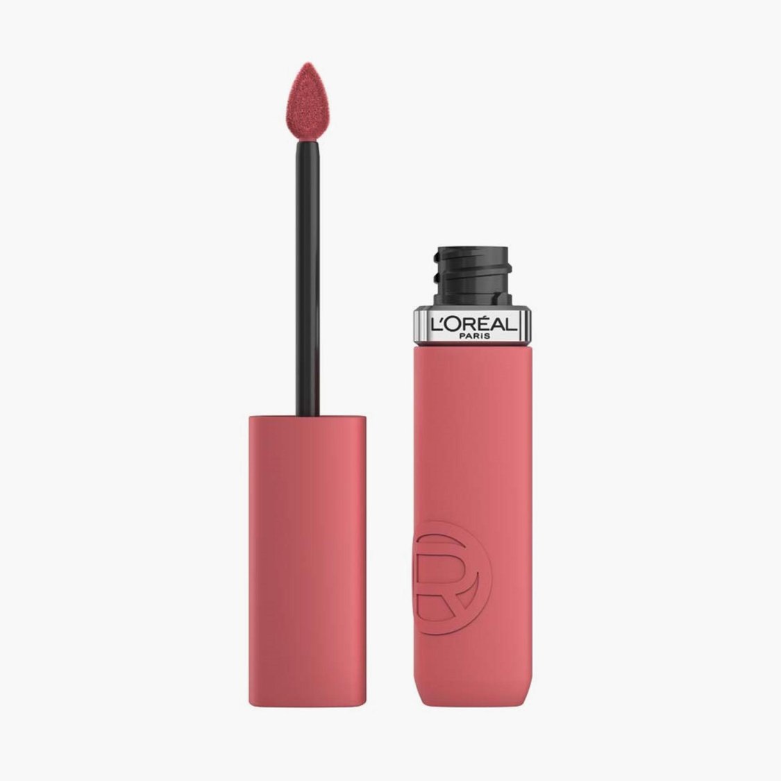 Rose-pink liquid matte lipstick with tube and pointed applicator tip, shade 120