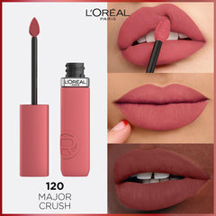 Rose-pink liquid lipstick with applicator and open tube, shown on lips close-up