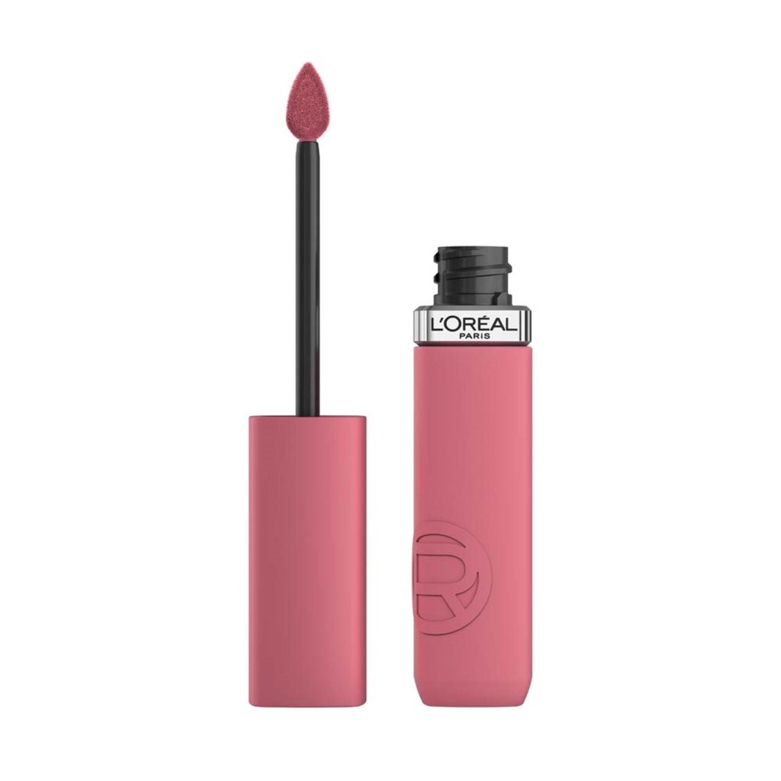 Matte rose-pink liquid lipstick with black applicator and pink tube, cap closed