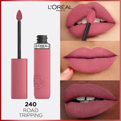 Rose-pink matte liquid lipstick with applicator wand shown on lips