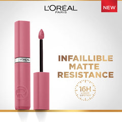 Matte rose-pink liquid lipstick with pink tube and doe-foot applicator