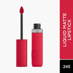 Liquid matte lipstick, red tube with standing black applicator and shade 245