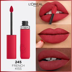 Matte liquid lipstick with red swatch on lips