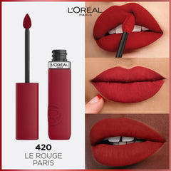 Liquid lipstick in dark red with applicator brush, bottle, and lip swatch panel