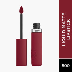 Wine-red liquid lipstick with applicator and tube, matte shade 500