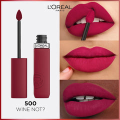 Wine-red liquid lipstick shade 500 with applicator and color on lips