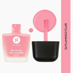 Matte nail lacquer bottle with brush applicator, pink flamingo shade, black handle