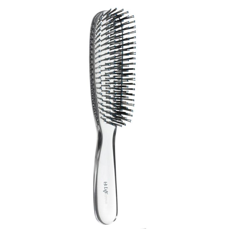 Small hair brush with 6-row bristles, glittery crystal-style backing, clear handle