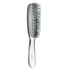 Small hair brush with 6-row bristles, glittery crystal-style backing, clear handle