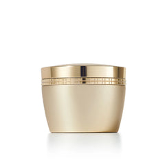 Beige eye cream jar with gold cap