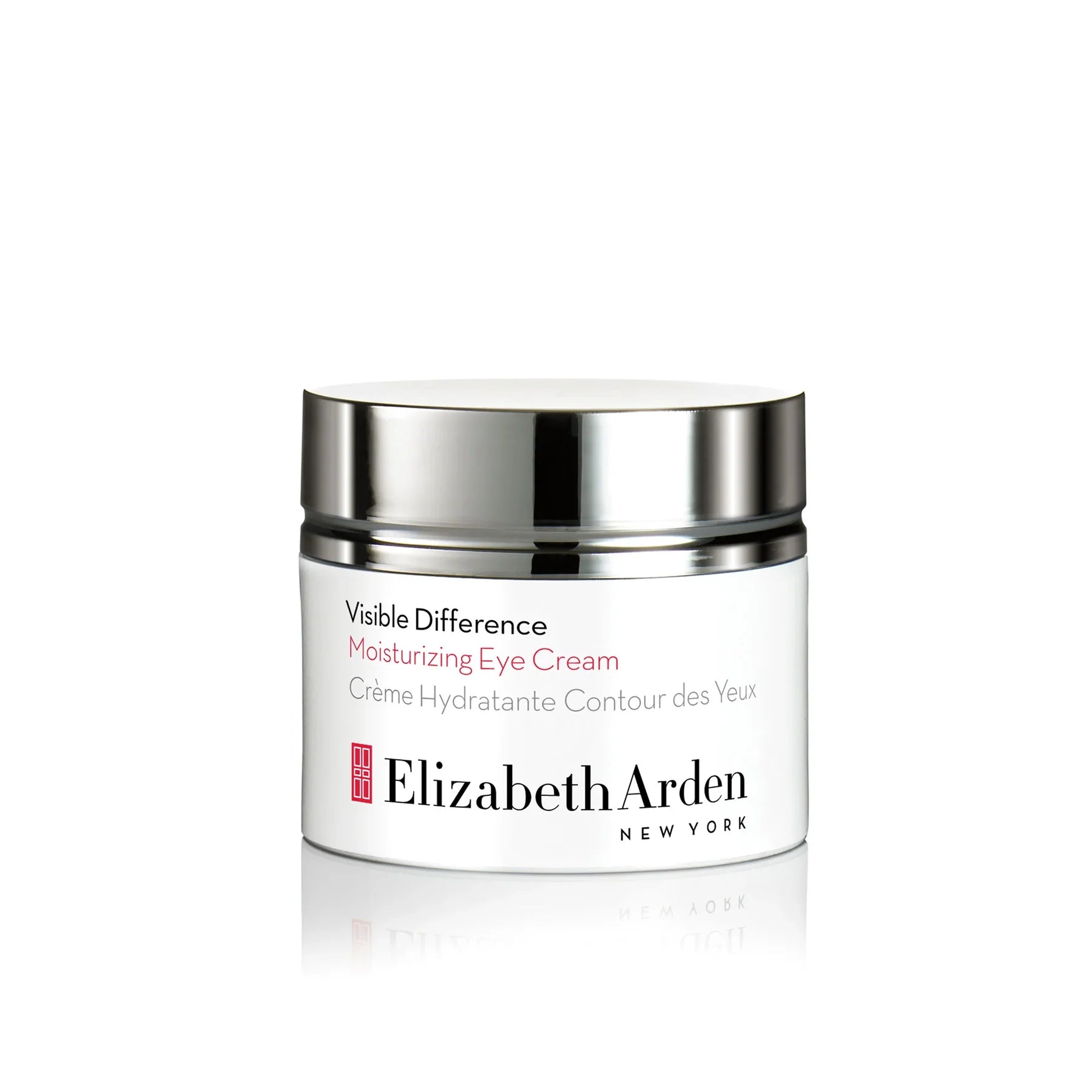 Moisturizing eye cream jar with silver lid and white label, Elizabeth Arden Visible Difference