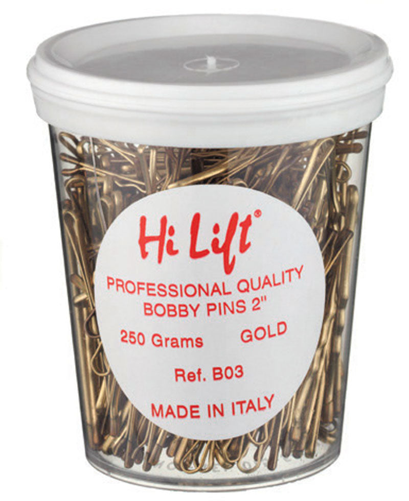 Gold bobby pins in clear tub with Hi Lift label