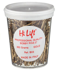 Gold bobby pins in clear tub with Hi Lift label