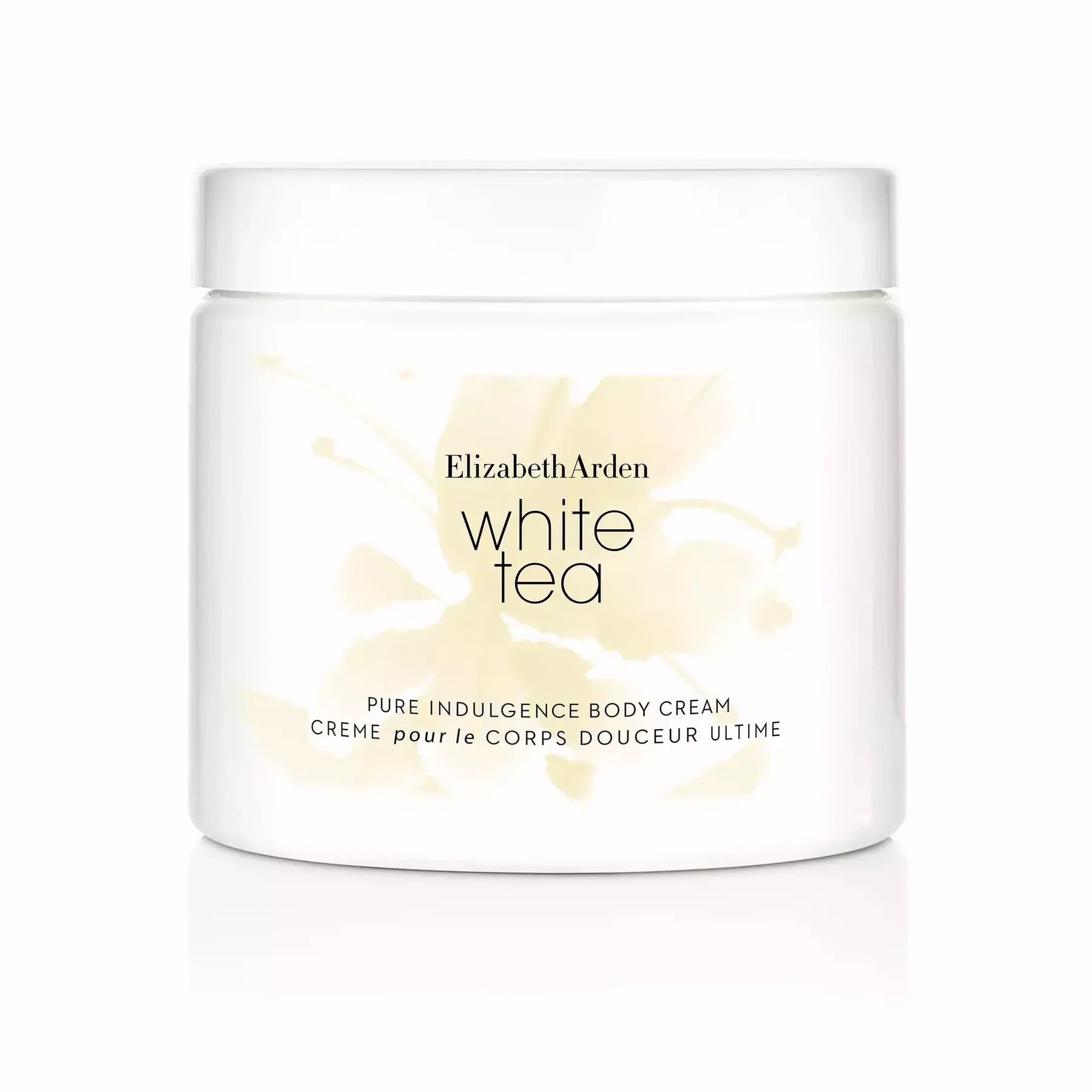 White Tea body cream jar with white plastic lid and cream-colored label