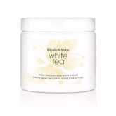 White Tea body cream jar with white plastic lid and cream-colored label