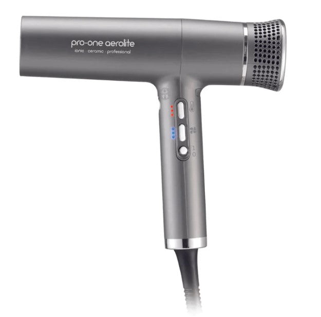 Pro-one aerolite titanium hair dryer, metallic gray, with button controls and diffuser nozzle