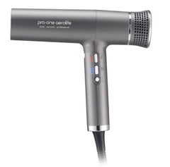 Pro-one aerolite titanium hair dryer, metallic gray, with button controls and diffuser nozzle