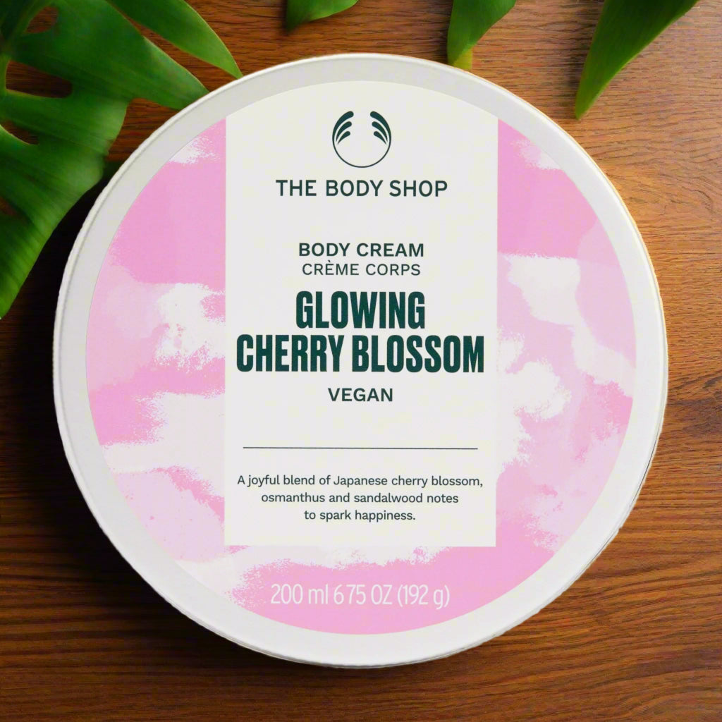 The Body Shop body cream jar, Glowing Cherry Blossom, pink label, 200 ml