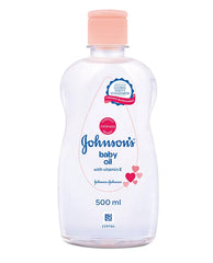 Johnson's baby oil bottle with pink cap, 500 ml front view