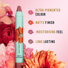 Matte lip crayon with mint tube and pink cap, upright