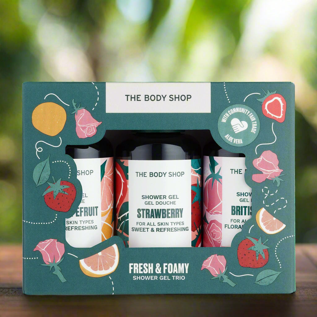 The Body Shop Fresh & Foamy shower gel trio gift set box with three tubes