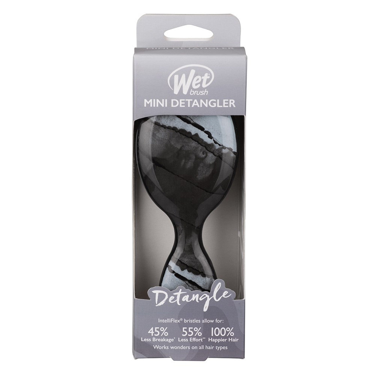 Wet Mini Detangler hair brush, black bristle head shown in retail packaging