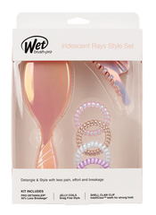 Wet Brush Pro detangling set box with iridescent brush and five-piece hair coil bundle